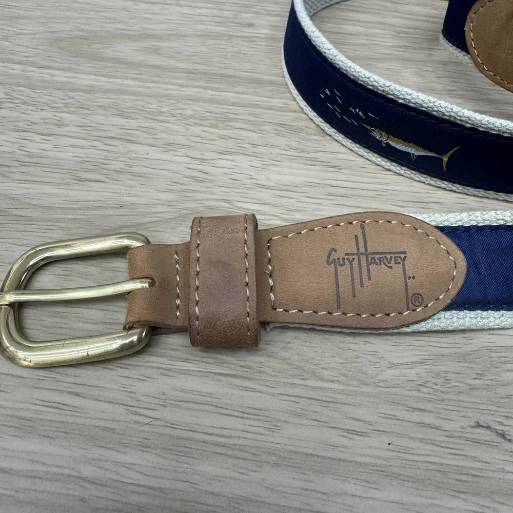 Guy‎ Harvey Golf Belt Men's 42 Embroidered Swordfish Canvas Leather Made in USA